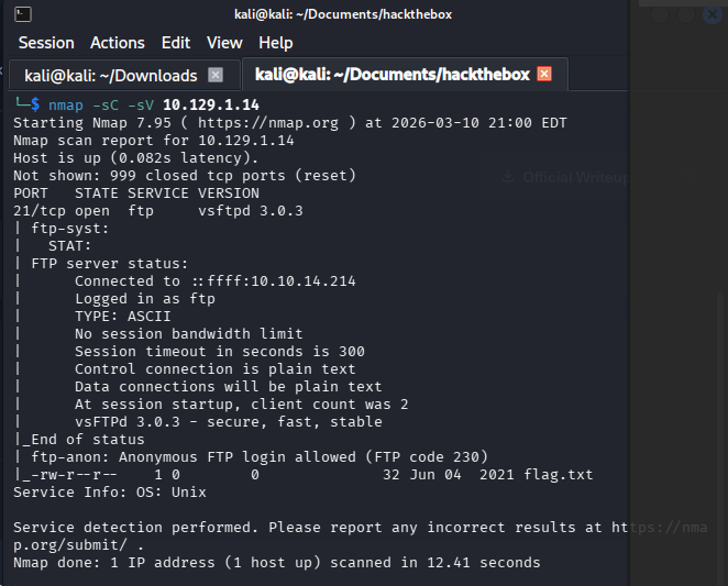 nmap output showing port 21 open with vsftpd 3.0.3 and anonymous login flagged