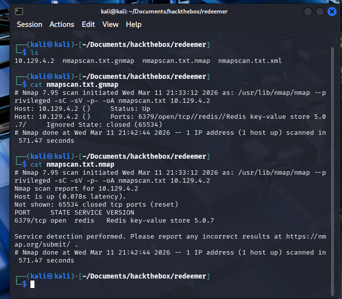 nmap scan showing Redis on port 6379 with no authentication