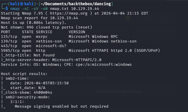 nmap scan showing SMB on port 445 with message signing disabled and guest access advertised