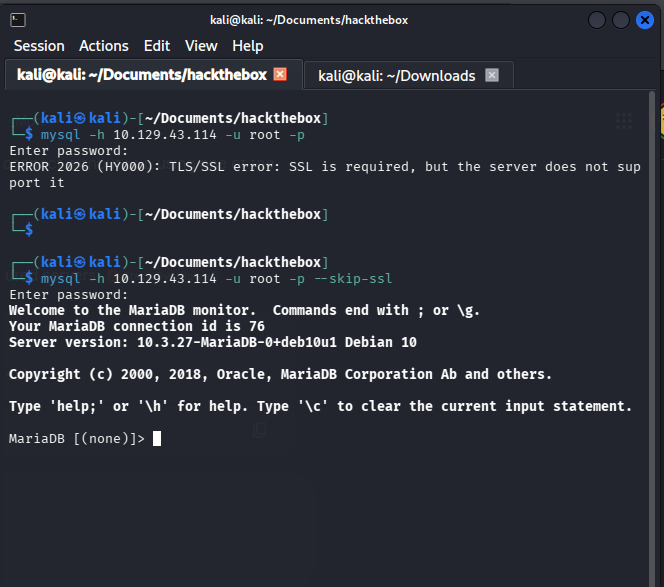 Successful MySQL connection as root with no password using --skip-ssl