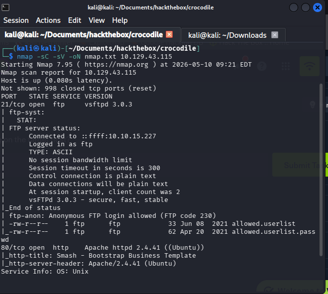 nmap output showing port 21 FTP with anonymous login allowed and port 80 open