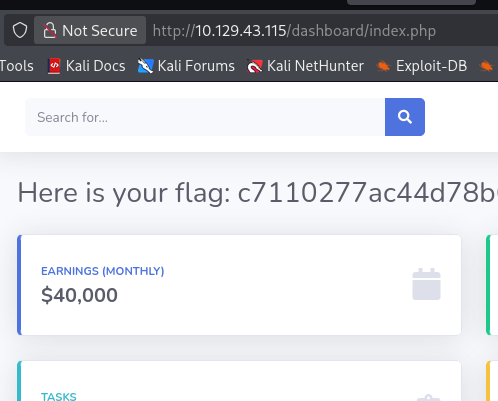 Successful login showing authenticated dashboard and flag