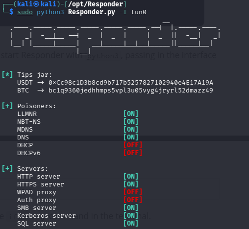 Responder running and listening for SMB connections