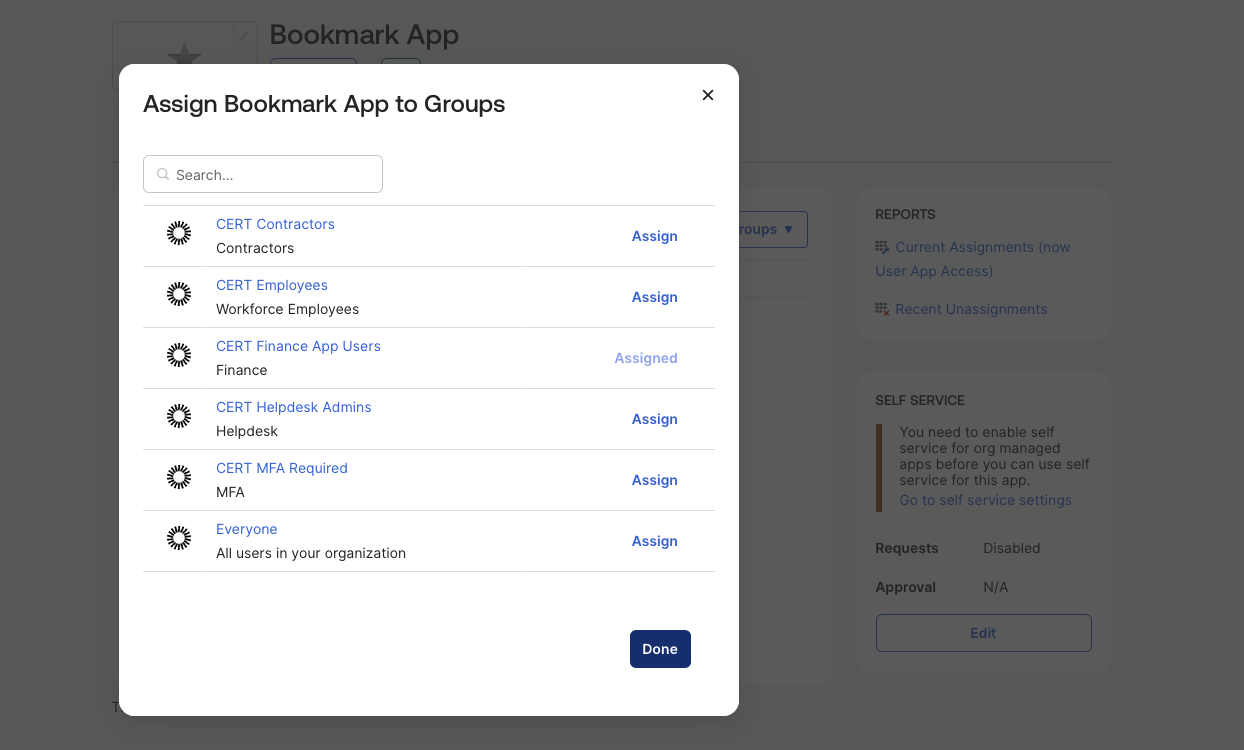 Bookmark app group assignment