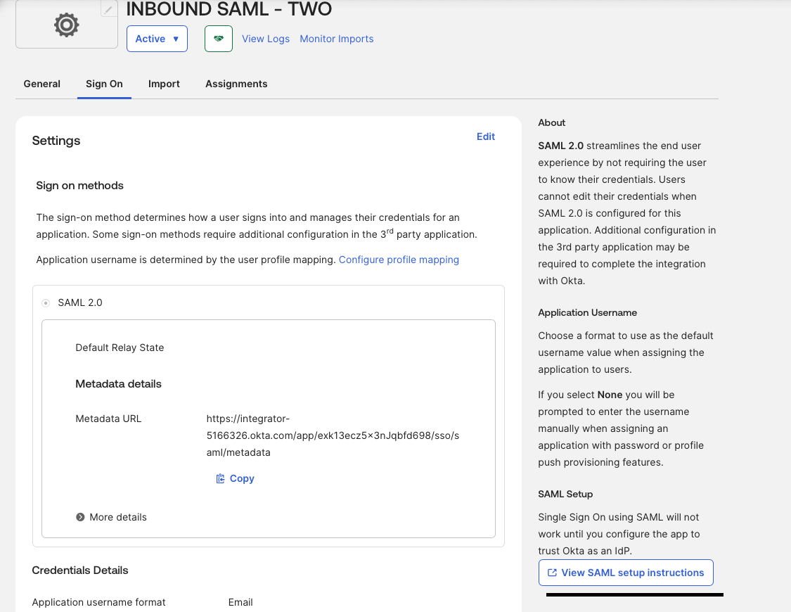 Org1 SAML setup instructions screen