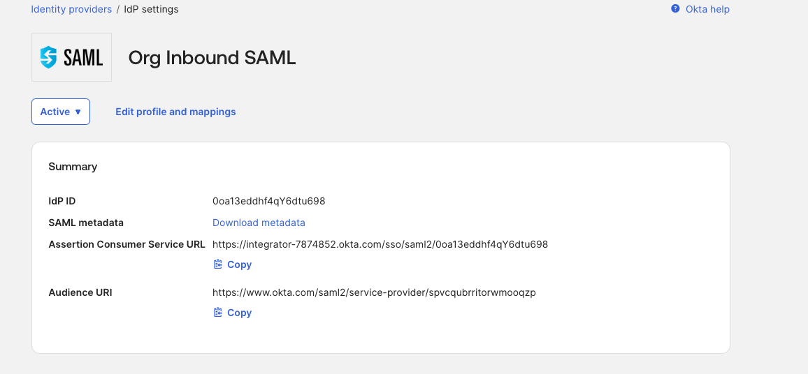 Org2 SP metadata — ACS URL and Audience URI