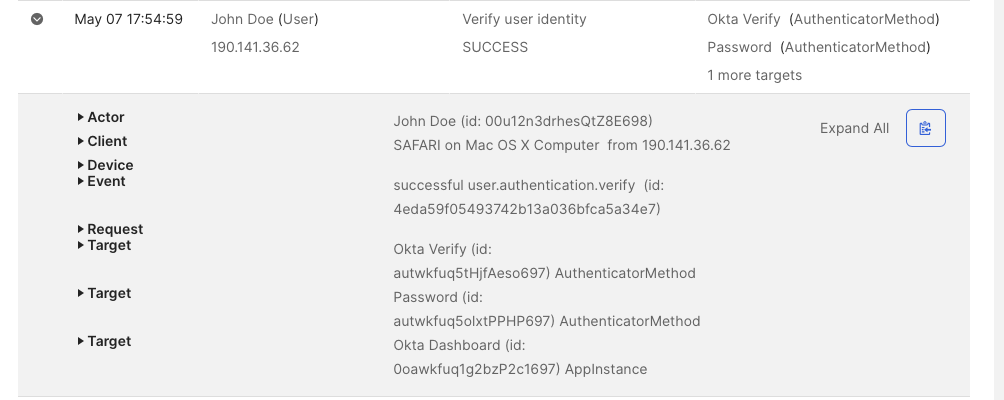 System log showing policy match