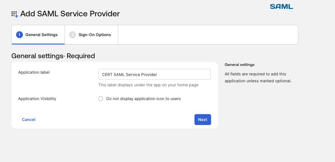 SAML app general settings