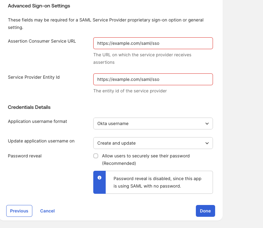 SAML app finish step 1