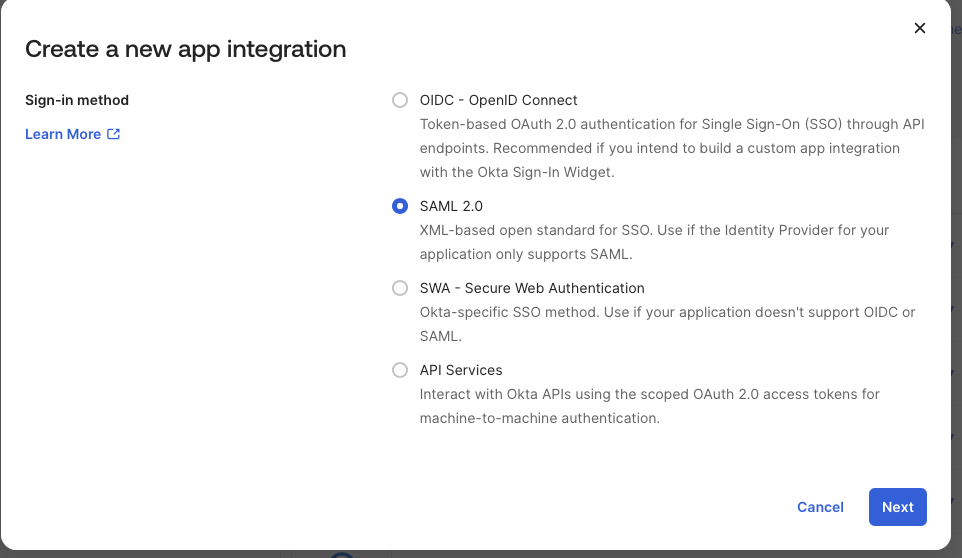 SAML app creation